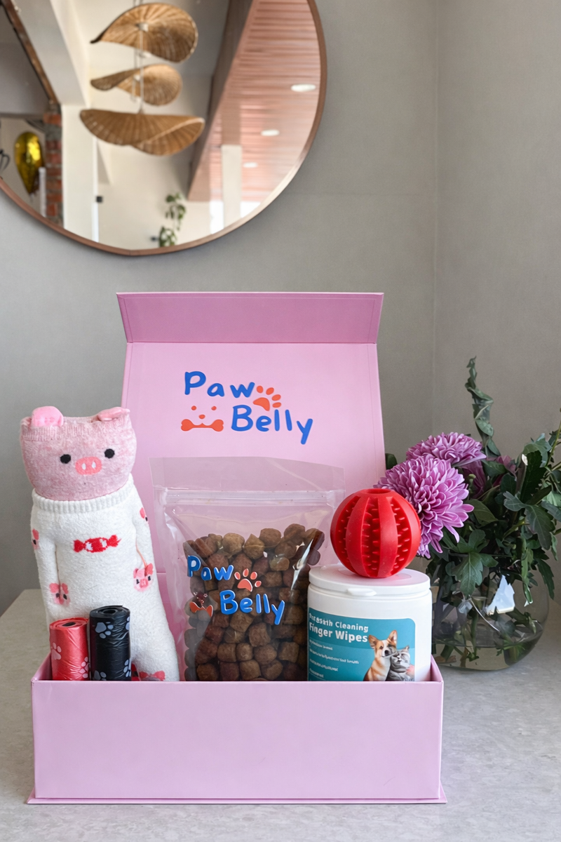 Handpicked toys, treats, teeth & ear wipes, and poop bags